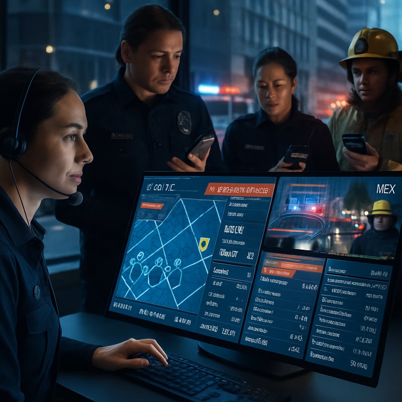 A sleek hightech dispatch console displays a vibrant interface with realtime maps icons representing first responders and live video feeds The screen is filled with alerts and communication logs all presented in a userfriendly layout Surrounding the-1