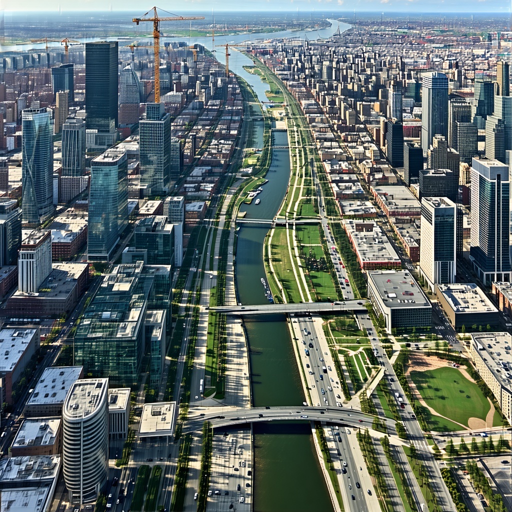 Aerial view of a modern smart city integrating green spaces and infrastructure, representing the use of AI and satellite imagery in urban planning