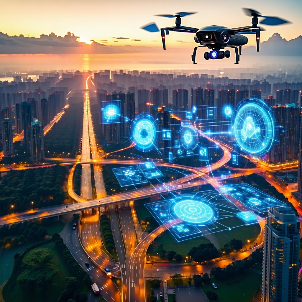 مدينة ذكية ليلاً مع طبقات بيانات أقمار صناعية متوهجة وأيقونات رقمية مستقبلية